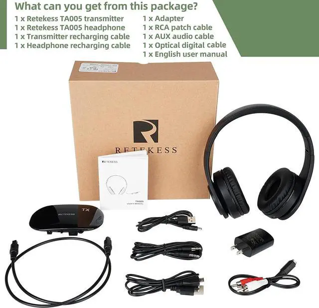 Alt view image 7 of 7 - Retekess TA005 Wireless Headphones for TV Watching, TV Headphones for Seniors with Transmitter, Support A/B Channel, AUX, RCA and Optical Input for Elderly, Family (Pack of 1)