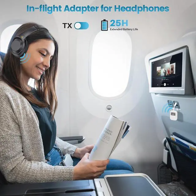 Alt view image 2 of 7 - Upgraded Bluetooth 5.4 Transmitter Receiver for Airplane, Wireless Bluetooth Transmitter Travel Essentials,Supports to 2 AirPods/Headphones, 2-in-1 Adapter for Planes,TV,Car,Home Stereo (White)