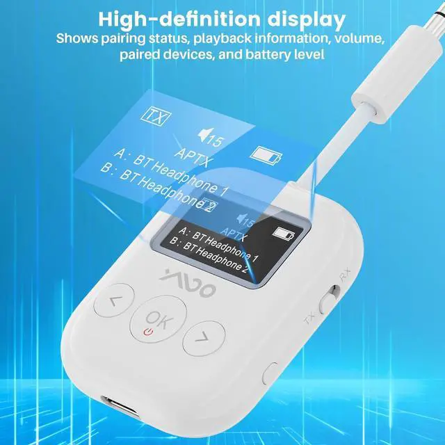 Alt view image 3 of 7 - Upgraded Bluetooth 5.4 Transmitter Receiver for Airplane, Wireless Bluetooth Transmitter Travel Essentials,Supports to 2 AirPods/Headphones, 2-in-1 Adapter for Planes,TV,Car,Home Stereo (White)