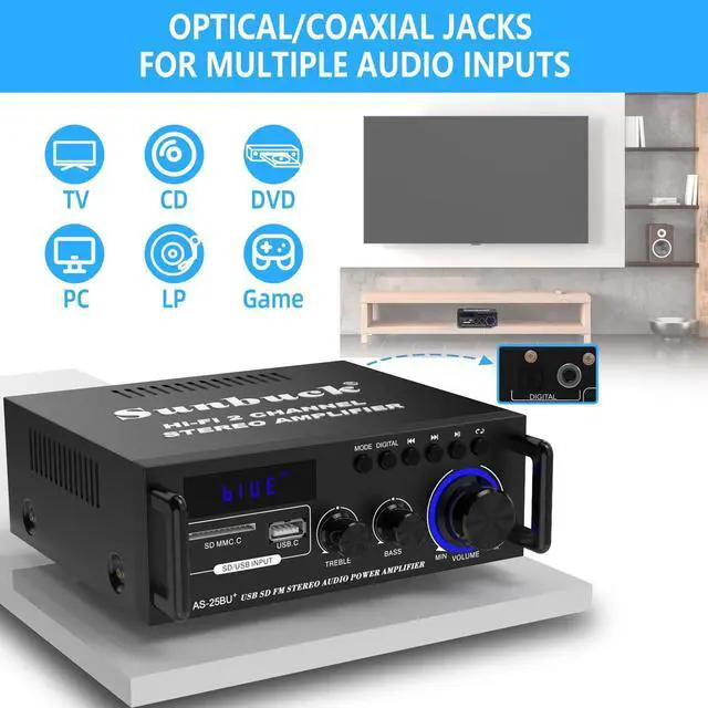 Alt view image 2 of 7 - Small Stereo Amplifier, Optical/Coaxial Jacks for TV/CD/DVD/LP/PC, Support 192kHz Audio, Stereo Receivers for Home Audio, Max 300Wx2 Power, Bluetooth Compact System for Speakers, AS-25BU