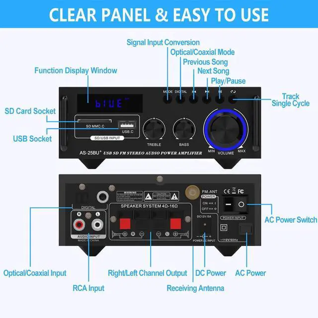 Alt view image 7 of 7 - Small Stereo Amplifier, Optical/Coaxial Jacks for TV/CD/DVD/LP/PC, Support 192kHz Audio, Stereo Receivers for Home Audio, Max 300Wx2 Power, Bluetooth Compact System for Speakers, AS-25BU