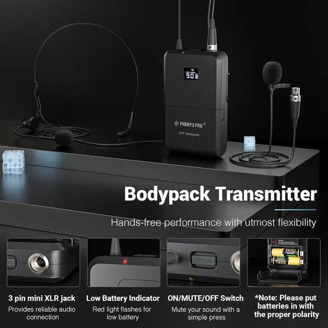 Alt view image 4 of 7 - Dual UHF Wireless Microphone SystemAuto-Scan Cordless Mic Set w/ 2x100 Frequencies, 2 Bodypacks & Headsets/Lapel Microphones for Speaking, Singing, Church, DJ (PTU-71-2B)