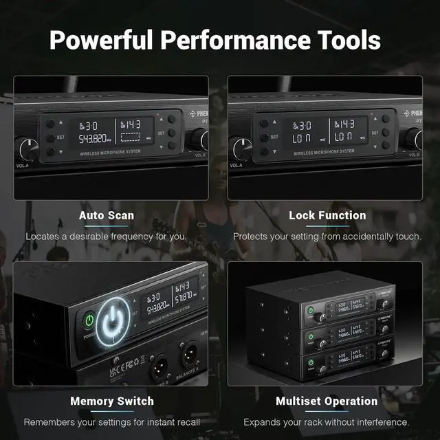 Alt view image 5 of 7 - Dual UHF Wireless Microphone SystemAuto-Scan Cordless Mic Set w/ 2x100 Frequencies, 2 Bodypacks & Headsets/Lapel Microphones for Speaking, Singing, Church, DJ (PTU-71-2B)