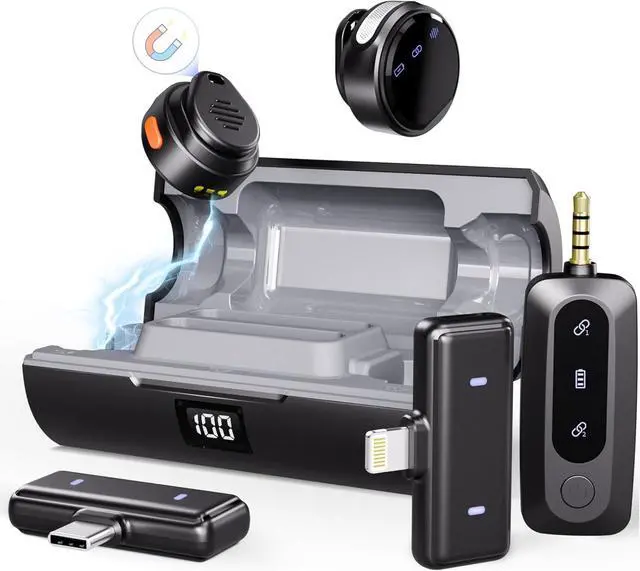 Main image of Wireless Lavalier Microphone for iPhone/Android/Camera/Laptop/PC, Mini Clip/Magnetic Microphones for Lightning/USB-C/3.5mm, Active Noise Cancellation Lapel Lav Mic, 48H for Video Recording