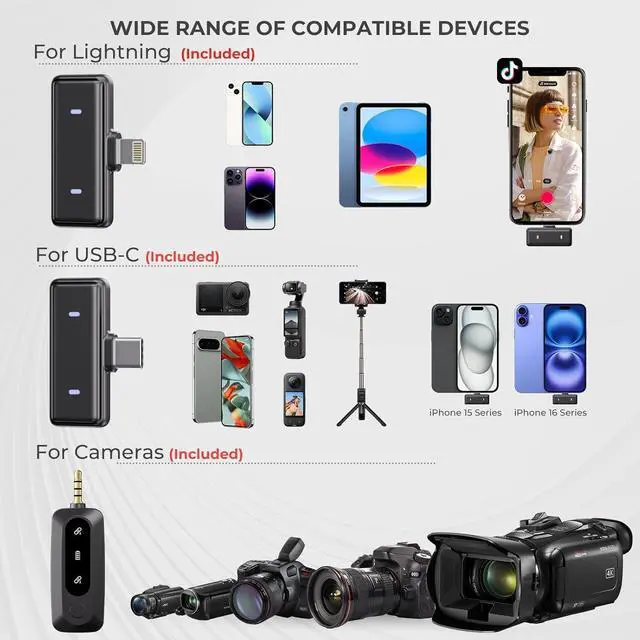 Alt view image 7 of 7 - Wireless Lavalier Microphone for iPhone/Android/Camera/Laptop/PC, Mini Clip/Magnetic Microphones for Lightning/USB-C/3.5mm, Active Noise Cancellation Lapel Lav Mic, 48H for Video Recording