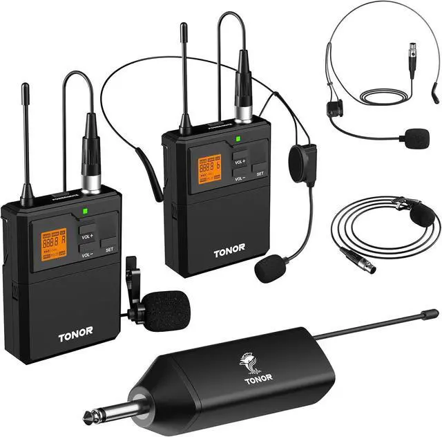 Main image of UHF Wireless Microphone System with Dual Headset Microphones/Lavalier Lapel Mics, Bodypack Transmitters, Mini Rechargeable Receiver, 2x15 Channels 200ft Range, for Recording Speech PA Speaker