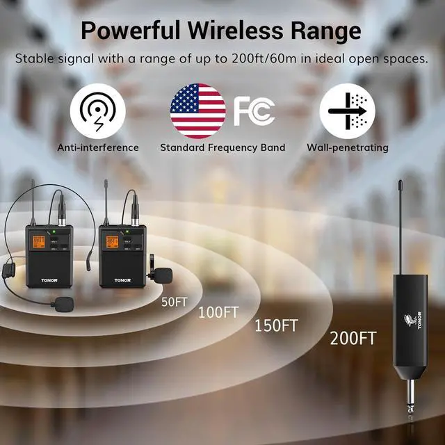 Alt view image 2 of 7 - UHF Wireless Microphone System with Dual Headset Microphones/Lavalier Lapel Mics, Bodypack Transmitters, Mini Rechargeable Receiver, 2x15 Channels 200ft Range, for Recording Speech PA Speaker