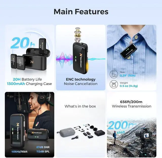 Alt view image 2 of 7 - Wireless Lavalier Microphone for iPhone/Android/DSLR/Camera/PC, Wireless Lapel Microphone System with Noise Cancellation, 656ft Transmission, LCD Display, 20H Battery Life (AWM20T)