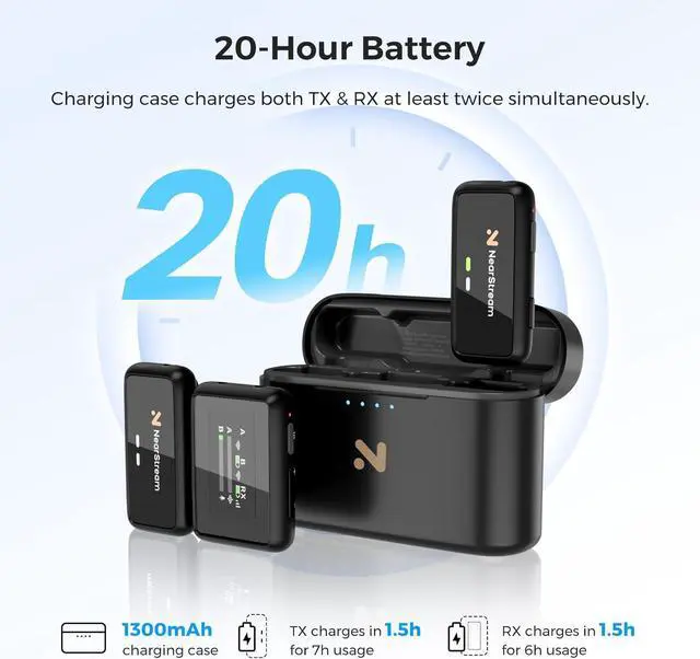 Alt view image 6 of 7 - Wireless Lavalier Microphone for iPhone/Android/DSLR/Camera/PC, Wireless Lapel Microphone System with Noise Cancellation, 656ft Transmission, LCD Display, 20H Battery Life (AWM20T)