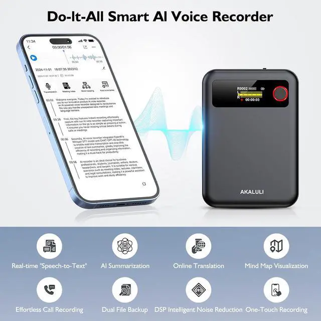 Alt view image 2 of 7 - AI Voice Recorder with Transcribe Summarize: Note APP Control, 30H Continuous Recording, 64GB Memory Support 100+ Languages, for Calls, Lectures, Meetings by DT