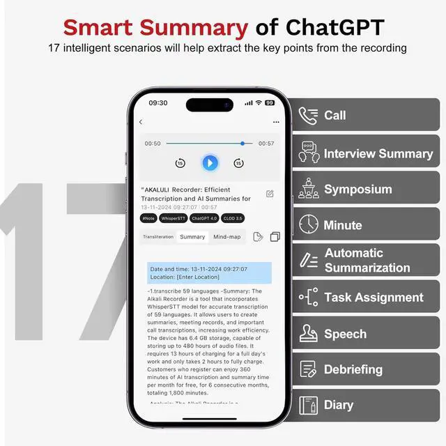 Alt view image 7 of 7 - AI Voice Recorder with Transcribe Summarize: Note APP Control, 30H Continuous Recording, 64GB Memory Support 100+ Languages, for Calls, Lectures, Meetings by DT