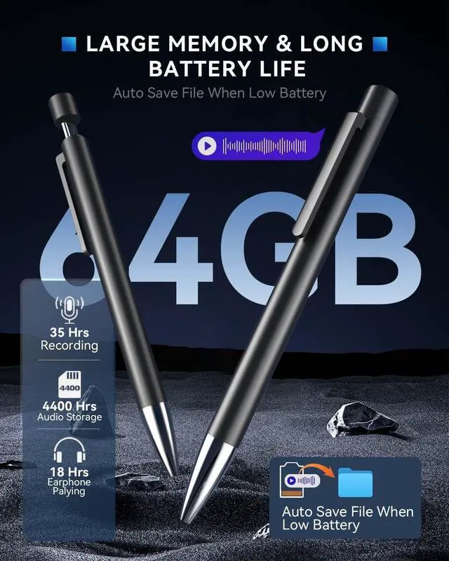 Alt view image 2 of 7 - Voice Recorder 64GB(4400Hrs),Digital Voice Activated Recorder with Playback,Portable Audio Recorder with Noice Cancelling,USB-C Recording Device for Lectures Meetings Interviews