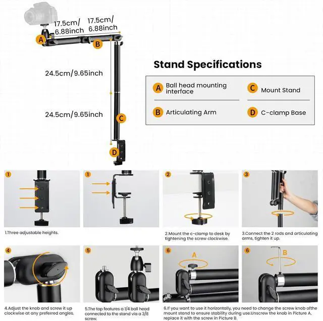 Alt view image 6 of 7 - Desk Camera Mount Stand Heavy Duty Articulated Camera Arm Articulating Table Mount Camera Stand Adjustable Flexible Gear Joints TKA01-L