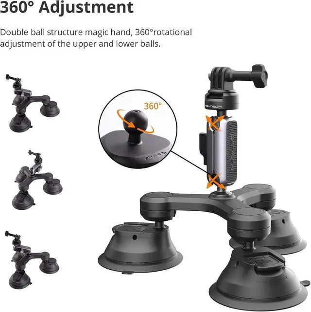 Alt view image 3 of 7 - CapLock Triple Suction Mount Compatible for DJI OSMO Action 4/3/2, Gopro Hero 11/10/9/8 with 1/4"-20 Standard Thread Adapter, Action Camera and Smartphones for Insta360 ONE RS/R/ONE X3/X2