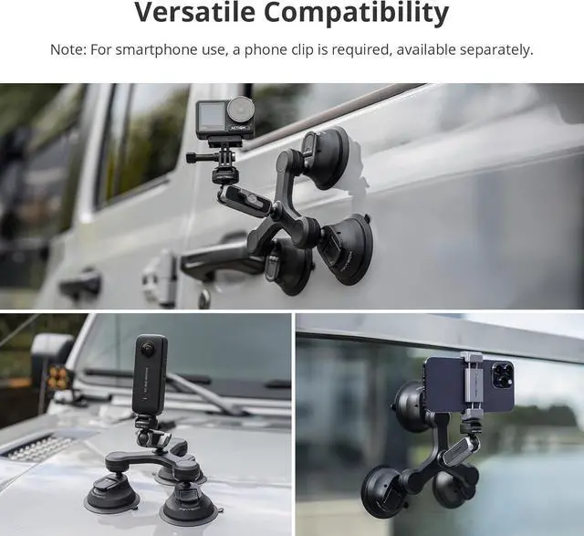 Alt view image 6 of 7 - CapLock Triple Suction Mount Compatible for DJI OSMO Action 4/3/2, Gopro Hero 11/10/9/8 with 1/4"-20 Standard Thread Adapter, Action Camera and Smartphones for Insta360 ONE RS/R/ONE X3/X2