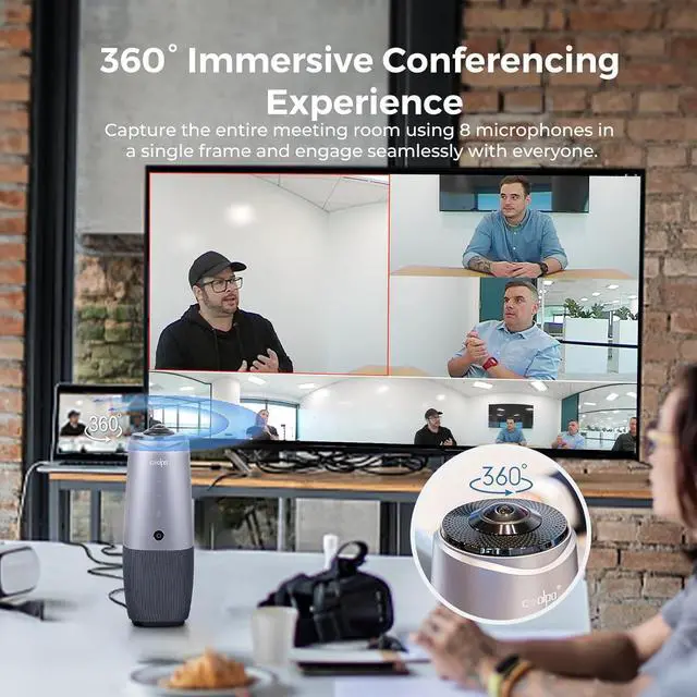 Alt view image 2 of 7 - Webcam, 360 Conference Room Camera, 4K All-in-one Video Conferencing System with Speaker, Microphone, AI Speaker Tracking, Noise Cancellation, Teams, Zoom, PANA 5ft USB Cable