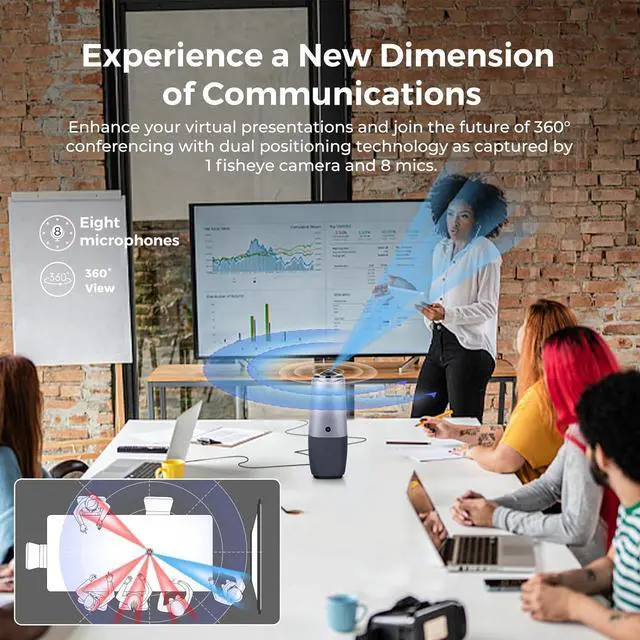 Alt view image 3 of 7 - Webcam, 360 Conference Room Camera, 4K All-in-one Video Conferencing System with Speaker, Microphone, AI Speaker Tracking, Noise Cancellation, Teams, Zoom, PANA 5ft USB Cable