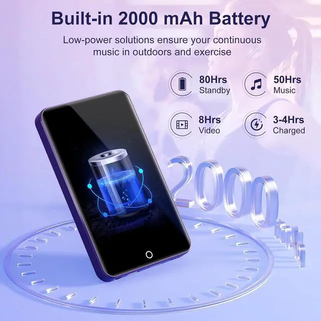 Alt view image 6 of 7 - 80GB MP3 Player with Bluetooth and WiFi, Android MP3 & MP4 Players with 4" Touchscreen and Speaker, 2000mAh Spotify Music Player with Spotify Kids, Audible,  Music, Play Store (Purple)