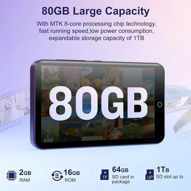 Alt view image 7 of 7 - 80GB MP3 Player with Bluetooth and WiFi, Android MP3 & MP4 Players with 4" Touchscreen and Speaker, 2000mAh Spotify Music Player with Spotify Kids, Audible,  Music, Play Store (Purple)