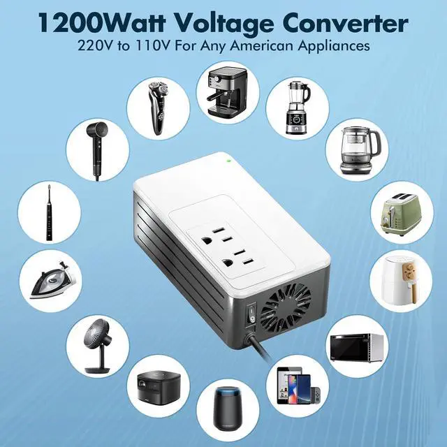 Alt view image 2 of 7 - 1200W Universal Travel Adapter Converter Step-Down 220V to 110V, 2 lbs Light Weight, Stable Pure Sine Wave, for Hair dryers, straighteners, Curling Irons, Coffee Makers (White)