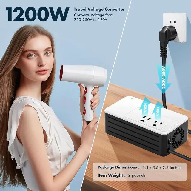 Alt view image 3 of 7 - 1200W Universal Travel Adapter Converter Step-Down 220V to 110V, 2 lbs Light Weight, Stable Pure Sine Wave, for Hair dryers, straighteners, Curling Irons, Coffee Makers (White)