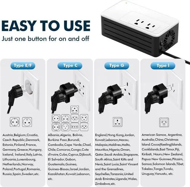 Alt view image 6 of 7 - 1200W Universal Travel Adapter Converter Step-Down 220V to 110V, 2 lbs Light Weight, Stable Pure Sine Wave, for Hair dryers, straighteners, Curling Irons, Coffee Makers (White)