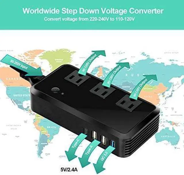 Alt view image 4 of 7 - 2300W Voltage Converter 220V to 110V Universal Travel Adapter/Power Converte with 3 USB Ports 3 AC Outlets 1 Type-C in EU/UK/AU/US/IT/South Africa More Than 150 Countries Over The World (Black)