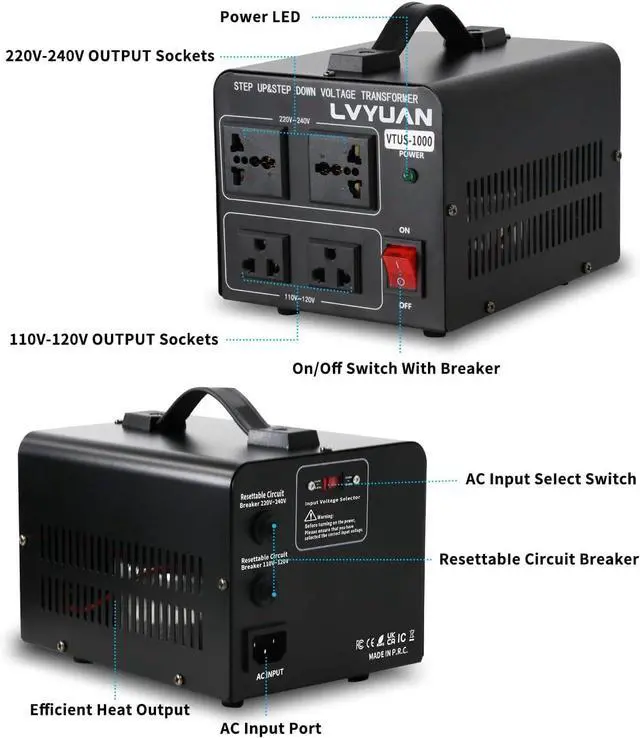 Alt view image 2 of 7 - Voltage Converter Transformer 1000 Watt Step Up/Down Convert from 110V-120V to 220V-240Vt and from 220V-240V to 110V-120V with 2 US outlets, 2 Universal outlets, Resettable Circuit Breaker