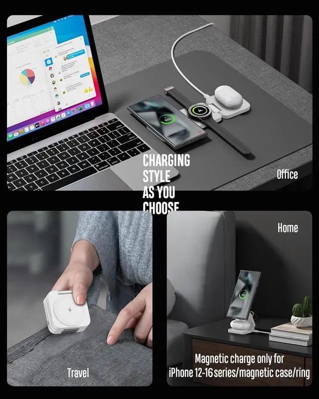 Alt view image 3 of 7 - 3 in 1 Wireless Charging Station for Samsung, KU XIU X55 Ultra Magnetic Travel Charger Stand for Galaxy S24 Ultra S23 S22 Note 20 Z Fold Flip 6 5, Galaxy Watch Ultra 7 6 5, Galaxy Buds, White