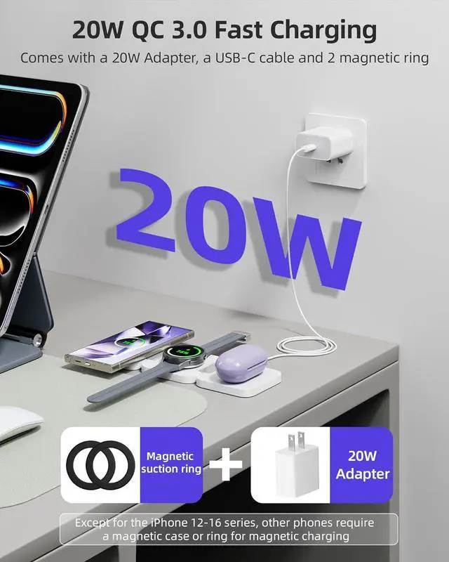 Alt view image 7 of 7 - 3 in 1 Wireless Charging Station for Samsung, KU XIU X55 Ultra Magnetic Travel Charger Stand for Galaxy S24 Ultra S23 S22 Note 20 Z Fold Flip 6 5, Galaxy Watch Ultra 7 6 5, Galaxy Buds, White