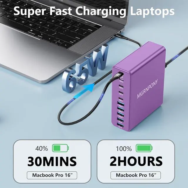Alt view image 3 of 6 - 320W USB C Charger Block, 10-Port USB C Charging Station GaN III PD 65W Laptop Fast Charger Adapter for MacBook Pro/Air, , iPad, iPhone, Samsung Galaxy (Purple)
