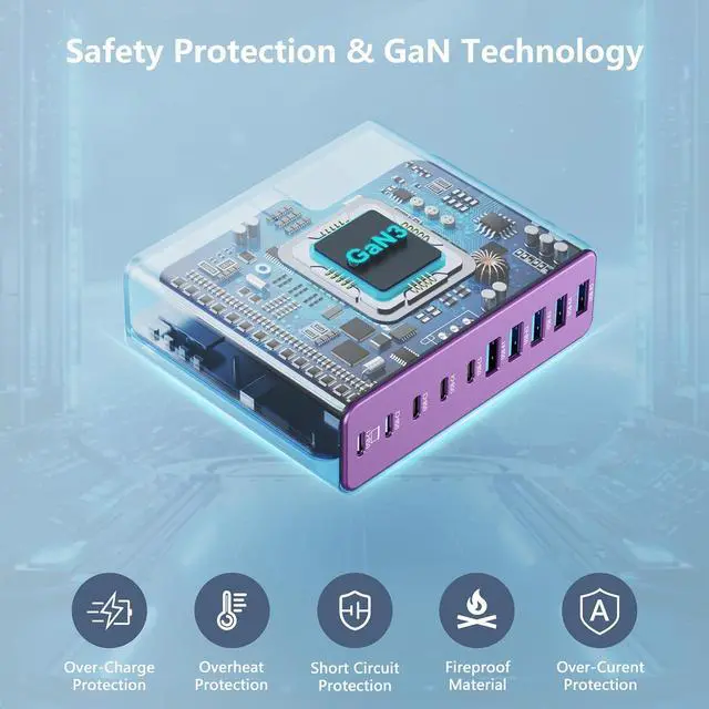 Alt view image 5 of 6 - 320W USB C Charger Block, 10-Port USB C Charging Station GaN III PD 65W Laptop Fast Charger Adapter for MacBook Pro/Air, , iPad, iPhone, Samsung Galaxy (Purple)