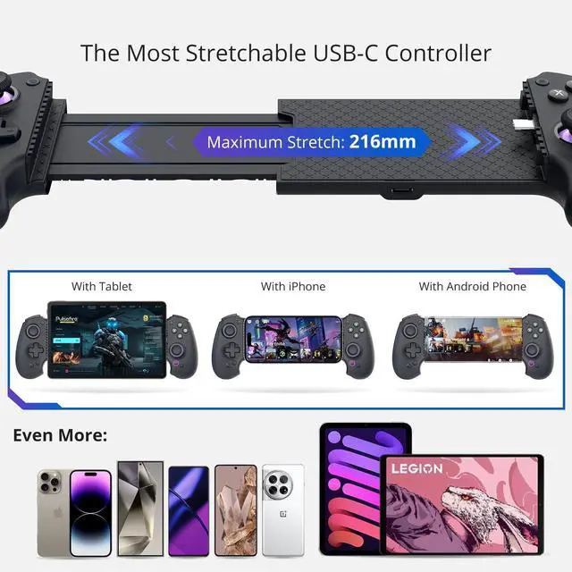 Alt view image 2 of 7 - S9 Full-Size Gaming Phone Controller for iPhone 15/16, iPad 6/7 and Android Phone Tablet,Bluetooth and Type-C Mobile Gamepad with App, for Roblox, Genshin Impact, Call of Duty, Hall Joystick &Trigger
