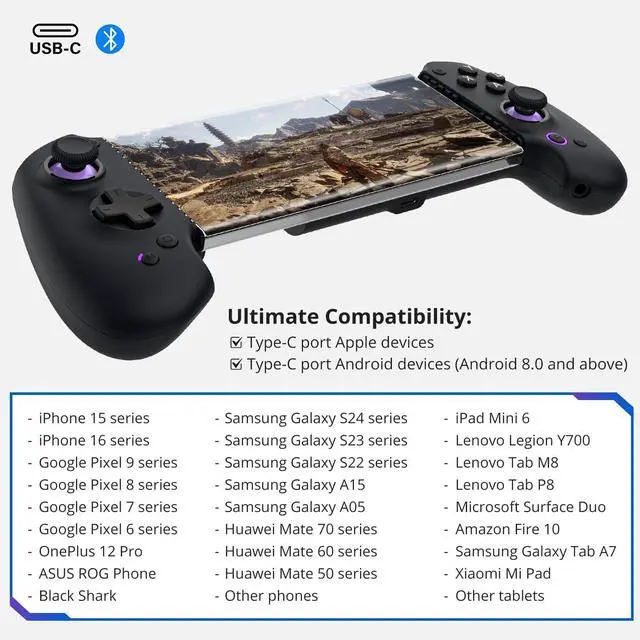 Alt view image 6 of 7 - S9 Full-Size Gaming Phone Controller for iPhone 15/16, iPad 6/7 and Android Phone Tablet,Bluetooth and Type-C Mobile Gamepad with App, for Roblox, Genshin Impact, Call of Duty, Hall Joystick &Trigger