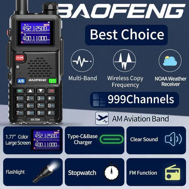 Alt view image 2 of 7 - 5RM Ham Radio 10W Long Range Handheld NOAA Weather Receiver 2500mAh Battery Rechargeable Walkie Talkies with Programming Cable,Speaker Mic,Type-C Charging,2 Pack