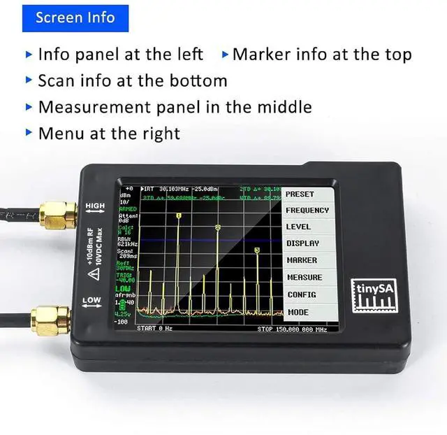 Alt view image 7 of 7 - Portable Tinysa Spectrum Analyzer, AURSINC V0.3.1 Handheld Frequency Analyzer, Signal Generator 100kHz to 960MHz MF/HF/VHF UHF Input ESD Protected Function with 2.8 inch Touchscreen