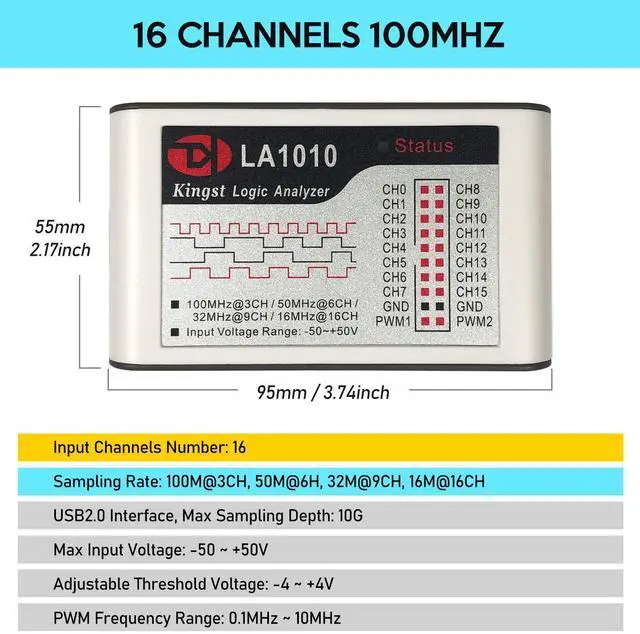 Alt view image 2 of 7 - LA1010 USB Logic Analyzer 16 Input Channels 100MHz with The English PC Software Handheld Instrument,Support Windows (32bit/64bit),Mac OS,Linux