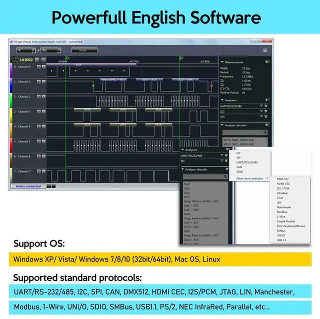 Alt view image 3 of 7 - LA1010 USB Logic Analyzer 16 Input Channels 100MHz with The English PC Software Handheld Instrument,Support Windows (32bit/64bit),Mac OS,Linux