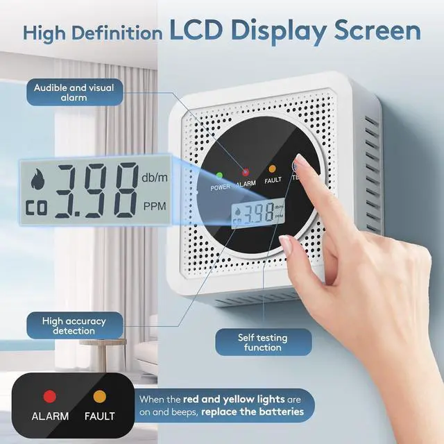 Alt view image 2 of 7 - 3 Packs, 2-in-1,Smoke Carbon Monoxide Detector,Carbon Monoxide Detector,Smoke Alarm,CO Alarm, 85 db Sound,Battery Powered CO Alarm with LEDs,LCD Digital Screen,Test Button