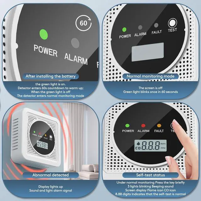 Alt view image 5 of 7 - 3 Packs, 2-in-1,Smoke Carbon Monoxide Detector,Carbon Monoxide Detector,Smoke Alarm,CO Alarm, 85 db Sound,Battery Powered CO Alarm with LEDs,LCD Digital Screen,Test Button