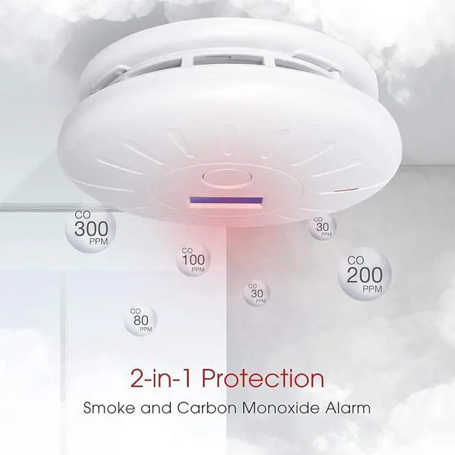 Alt view image 2 of 7 - 4 Pack 10 Year Battery Operated Smoke and Carbon Monoxide Detector, Portable Fire Co Alarm for Home and Kitchen (White)
