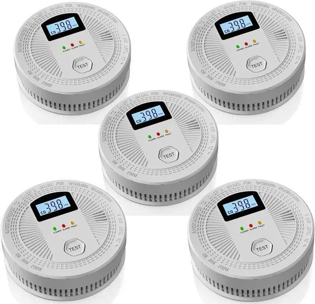 Main image of 5 Pack Combination Photoelectric Smoke and Carbon Monoxide Alarm Detector with LCD Display; Battery-Operated Smoke Carbon Monoxide Alarm
