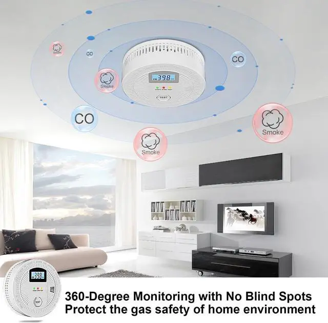 Alt view image 2 of 7 - 5 Pack Combination Photoelectric Smoke and Carbon Monoxide Alarm Detector with LCD Display; Battery-Operated Smoke Carbon Monoxide Alarm