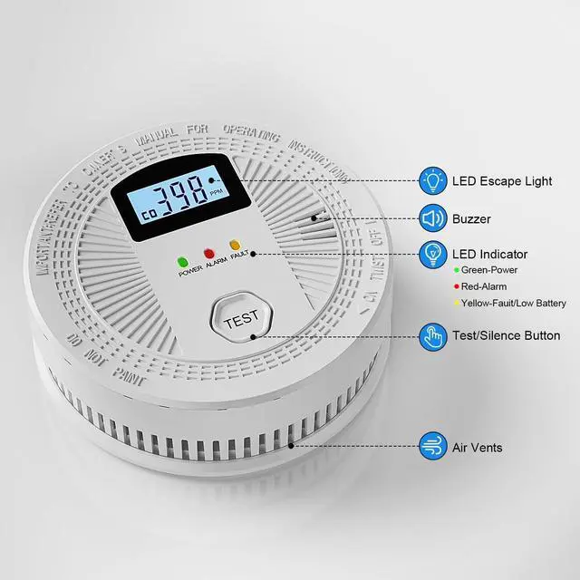 Alt view image 3 of 7 - 5 Pack Combination Photoelectric Smoke and Carbon Monoxide Alarm Detector with LCD Display; Battery-Operated Smoke Carbon Monoxide Alarm