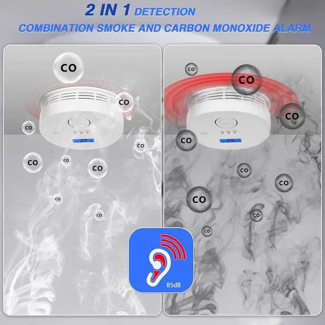 Alt view image 5 of 7 - 4 Packs, 2 in 1, Smoke and Carbon Monoxide Detector, Smoke Detector Carbon Monoxide Detector Combo,85db Alarm, Digital Display, with Battery, Easy to Install