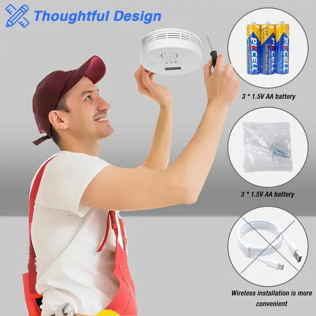 Alt view image 6 of 7 - 4 Packs, 2 in 1, Smoke and Carbon Monoxide Detector, Smoke Detector Carbon Monoxide Detector Combo,85db Alarm, Digital Display, with Battery, Easy to Install