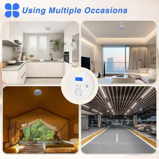 Alt view image 7 of 7 - 4 Packs, 2 in 1, Smoke and Carbon Monoxide Detector, Smoke Detector Carbon Monoxide Detector Combo,85db Alarm, Digital Display, with Battery, Easy to Install