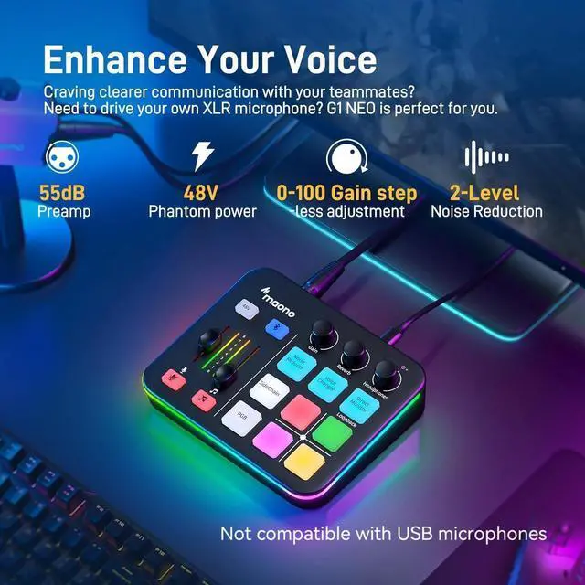 Alt view image 2 of 7 - Gaming Audio Mixer, Audio Interface with Pro-preamp, RGB, Bluetooth, 48V Phantom Power for Live Streaming, Podcasting, Content Create, Gaming MaonoCaster G1 NEO (Not for USB Mic)