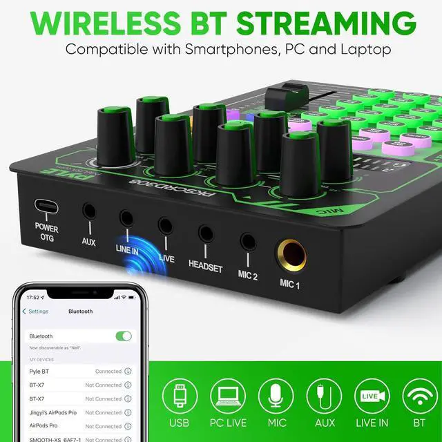 Alt view image 4 of 7 - Portable Bluetooth Live Broadcast Sound Card Pro Audio Interface DJ mixer Condenser w/Microphone Set, for Streaming Podcasts Studio, Recording PC, Gaming, Phone, w/FX, Ambient Sounds