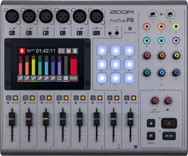 Main image of Zoom PodTrak P8 Podcast Recorder, 6 Microphone Inputs, 6 Headphone Outputs, Phone Input, Sound Pads, Onboard Editing, Record to SD Card, USB Audio Interface, Battery Powered